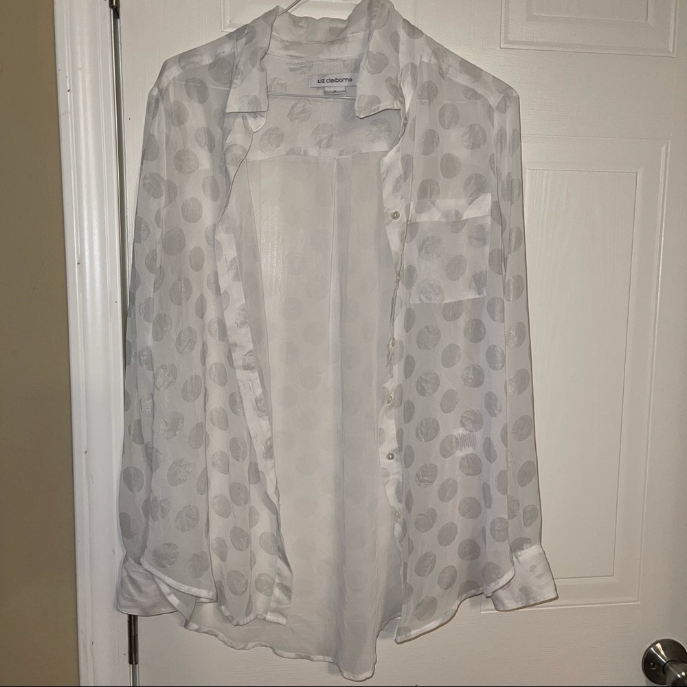 Liz Claiborne button down shirt white sheer dots